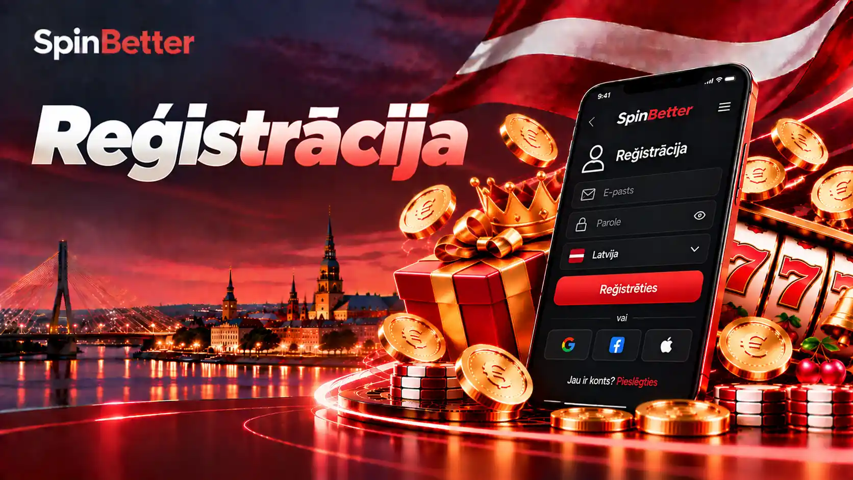 Reģistrācija: e-pasts, parole, valsts Latvija un poga Reģistrēties
