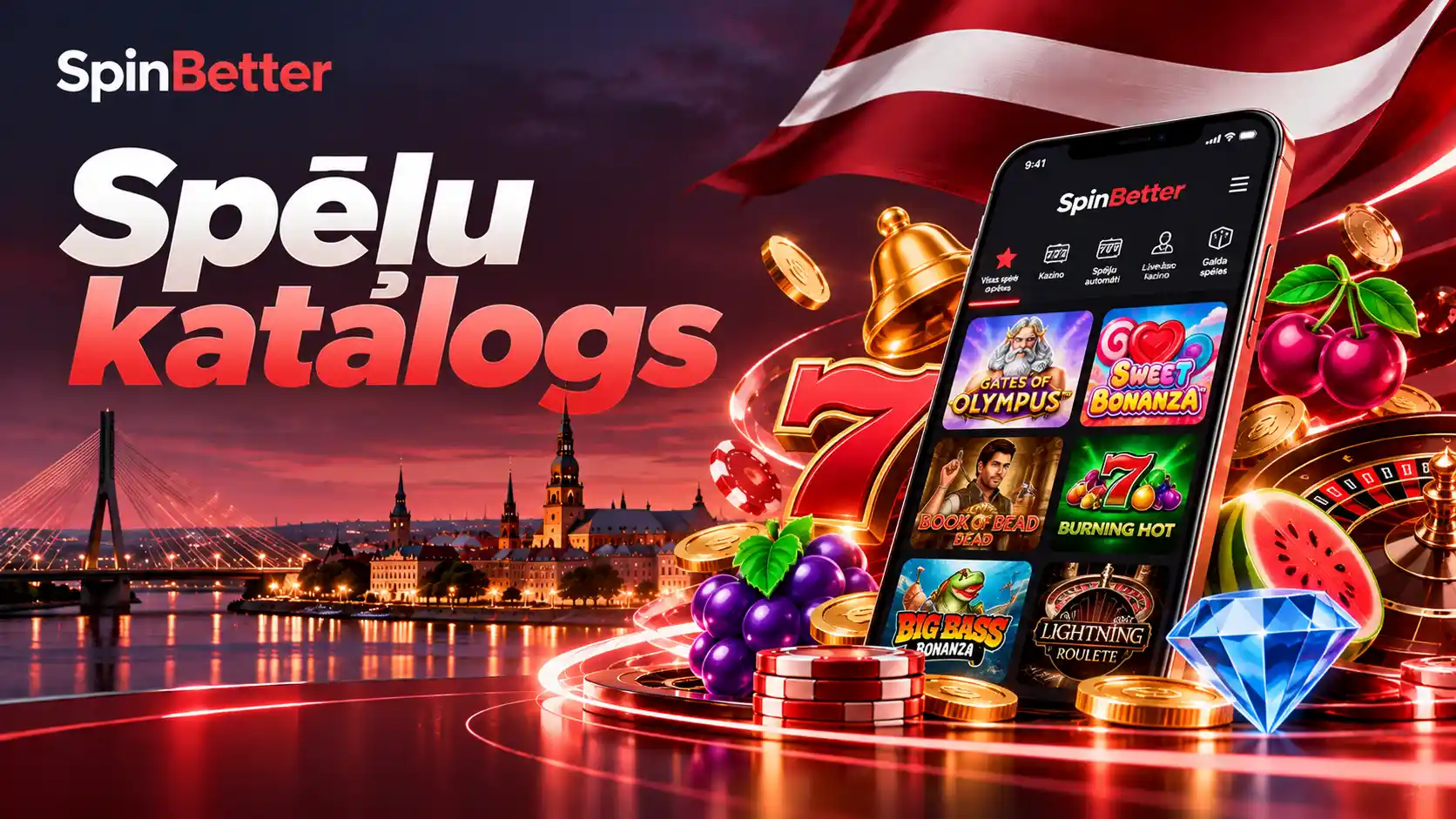 Spēļu katalogs mobilajā lietotnē: Gates of Olympus, Sweet Bonanza, Book of Dead un Lightning Roulette