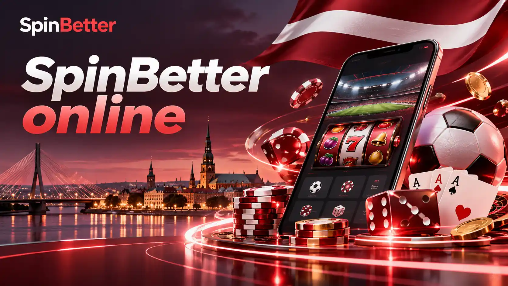 SpinBetter online: telefons ar slotu un sporta sadaļu uz Rīgas vakara fona