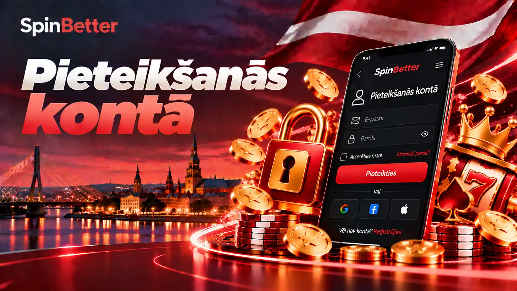 SpinBetter login: pieteikšanās forma ar e-pastu, paroli un Google, Facebook, Apple pogām
